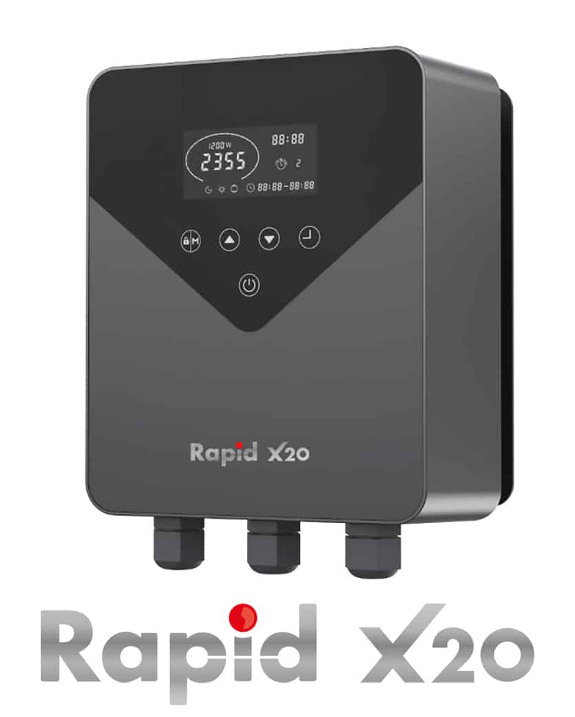 Ein schwarz-graues elektronisches Gerät mit der Aufschrift "Pool-Frequenzumrichter iSAVER 1100 + 2200" mit digitaler Anzeige, Bedientasten und drei Kabelanschlüssen - ideal für die Teich- oder Poolpflege mit Foliekompatibilität. Das Logo erscheint unten.