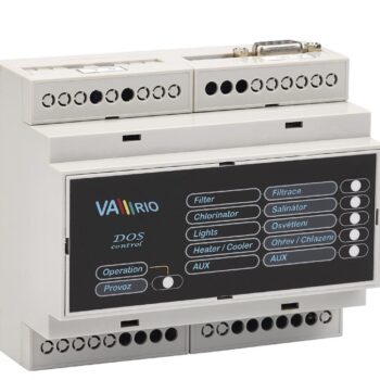 Die Intelligente Hauptsteuereinheit - VArio DIN-Steuermodul Version 1.4 ist ein weißes elektronisches Gerät mit mehreren Anschlussklemmen, Kontrollleuchten und Funktionstasten für Filter, Chlorinator, Schwimmbadbeleuchtung, Heizung/Kühlung und Zusatzoptionen.