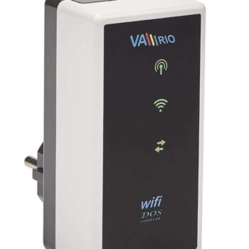 Das Intelligente Poolsteuerung WIFI-Modul VArio Version 1.4 ist ein schwarz-weißes Steckdosengerät für Teich-, Folie- oder Poolanlagen, mit Anzeigesymbolen für Strom, Wi-Fi und Verbindungsstatus auf der Frontplatte.