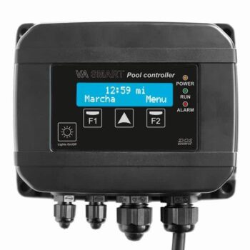 Das VA Smart Pool CONTROLLER-SYSTEM in Schwarz verfügt über ein digitales Display mit der Anzeige "12:59 mi Marcha Menu", Tasten mit der Bezeichnung F1, F2, Pfeiltasten und Kontrollleuchten für Power, Run und Alarm - ideal für ein effizientes Pool- oder Teichmanagement.