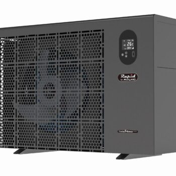 Das VArio DIN SWITCH-Erweiterungs-Modul ist ein schwarzes, rechteckiges Gerät mit einem Frontgitter, einem Bedienfeld mit Temperatur und Tasten, dem Schriftzug "Rapid" und einem sichtbaren Gebläse - perfekt für Pool- oder Teichheizungen. Es steht auf zwei Füßen.