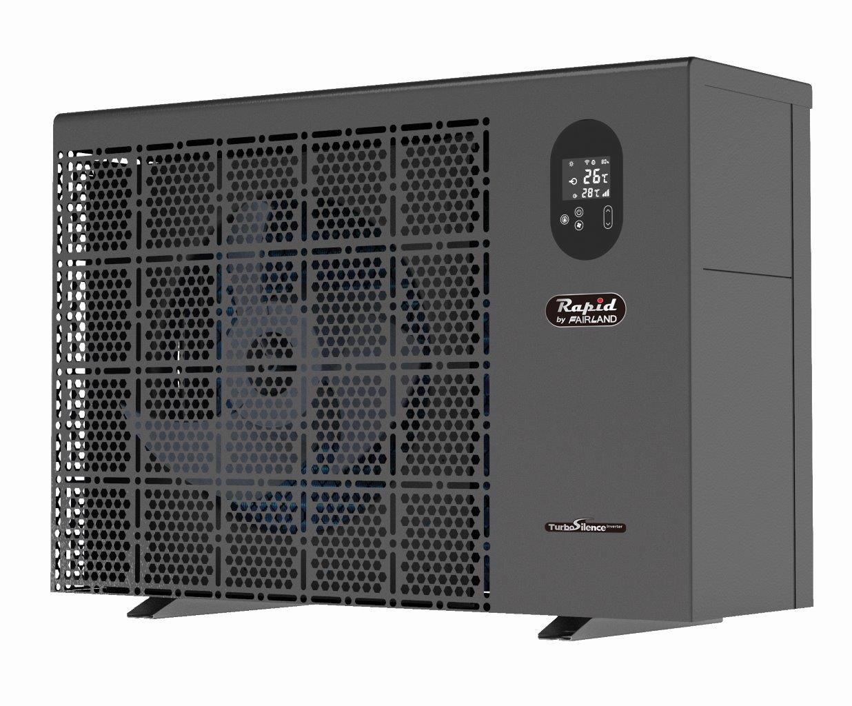 Die Vollinverter Pool-Wärmepumpe RAPID INVER-X (IXCR 26 - IXCR110T) ist eine graue, rechteckige Wärmepumpe mit gelochter Frontplatte, digitaler Temperaturanzeige, sichtbarem Lüfter hinter dem Gitter und Branding - ideal für die Poolbeheizung.