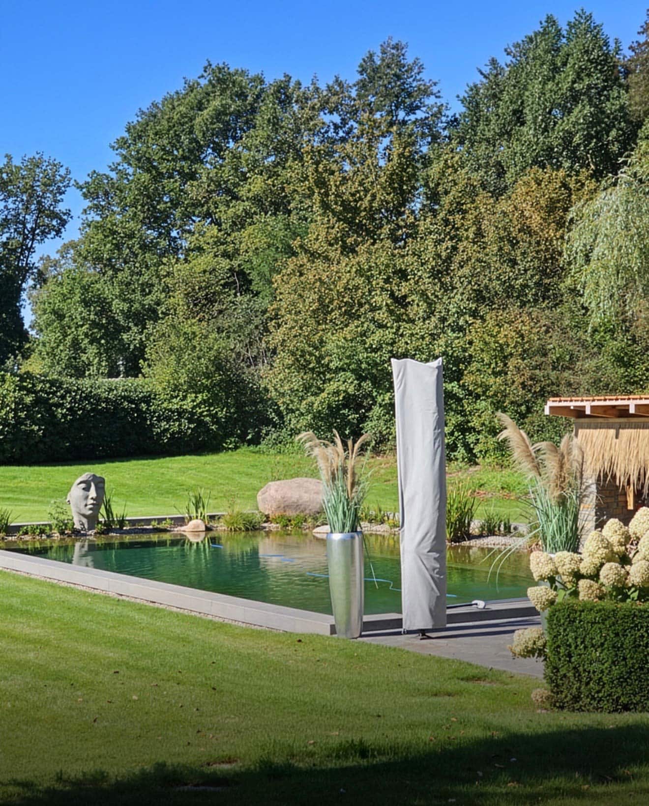 Ein natürlicher Schwimmteich mit klarem Wasser ist von grünem Gras und dichten Bäumen umgeben. In der Nähe des Ufers befinden sich ein gemeißelter Steinkopf, ein modernes Pflanzgefäß aus Metall und Ziergräser.