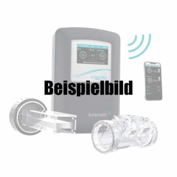 Die Bayrol Automatic Salt Salzelektrolyse AS 5 / AS 7 & pH-Regulierung für Pools (80-140m³) wird mit einem Display, zwei durchsichtigen zylindrischen Aufsätzen und einer Smartphone-App gezeigt. Das Wort "Beispielbild" steht fett über dem Bild.