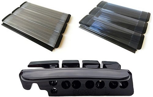 Drei Ansichten der Schwimmbad-Rolladenabdeckung Anti-Algen-Lamelle aus PC zeigen die 3-fach extrudierte Lamelle mit 4 Kammern-ideal für präzises Schneiden und Pflege von Folien bei Pool- oder Teich-Abdeckungen.